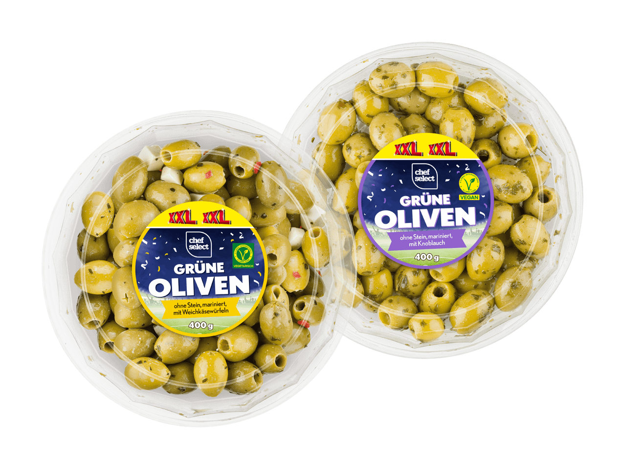 Zwei Packungen grüne Oliven, eine mit Knoblauch und die andere mit Weichkäsewürfeln, jeweils 400g.