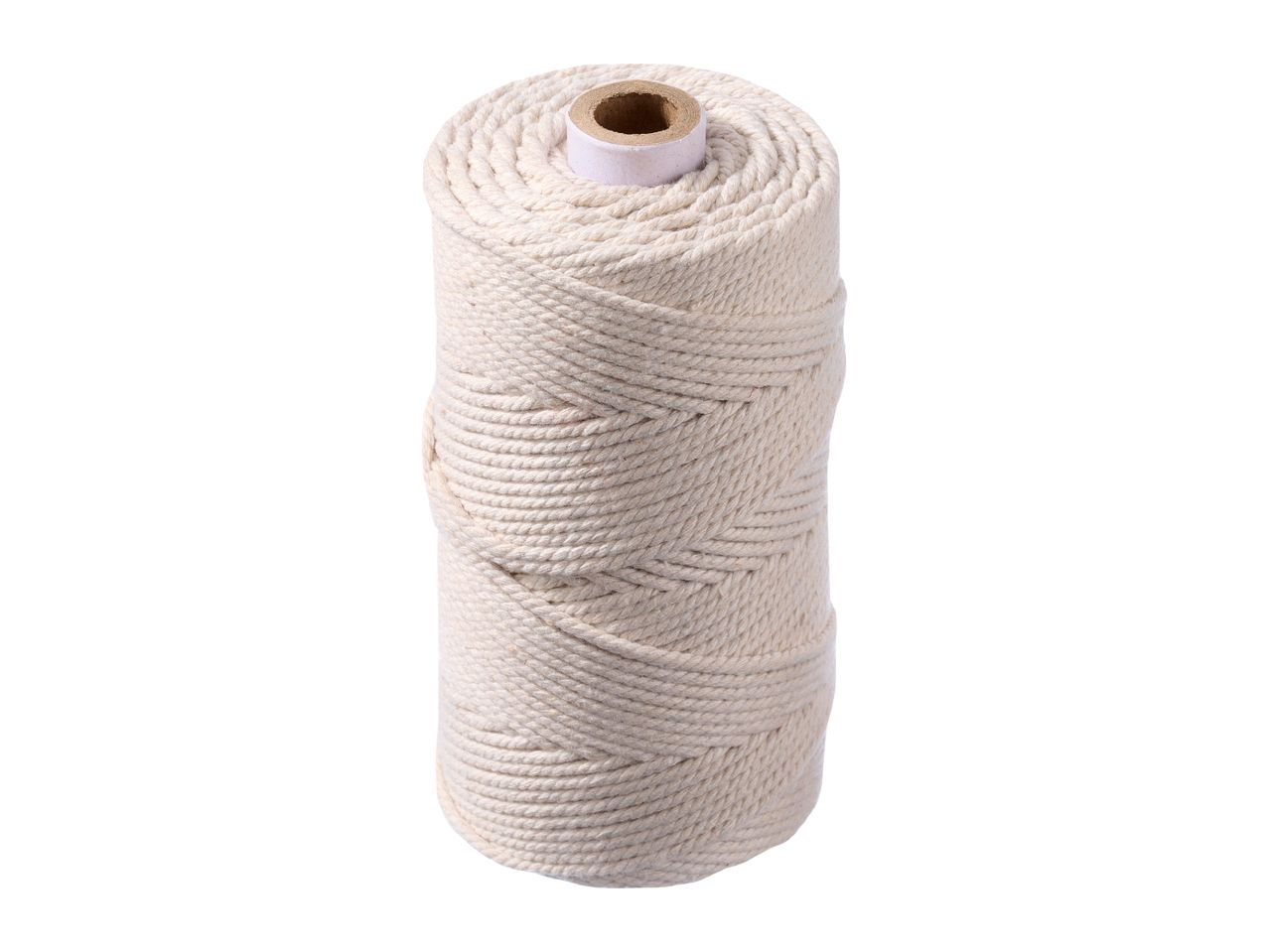A spool of white cotton twine on a white background