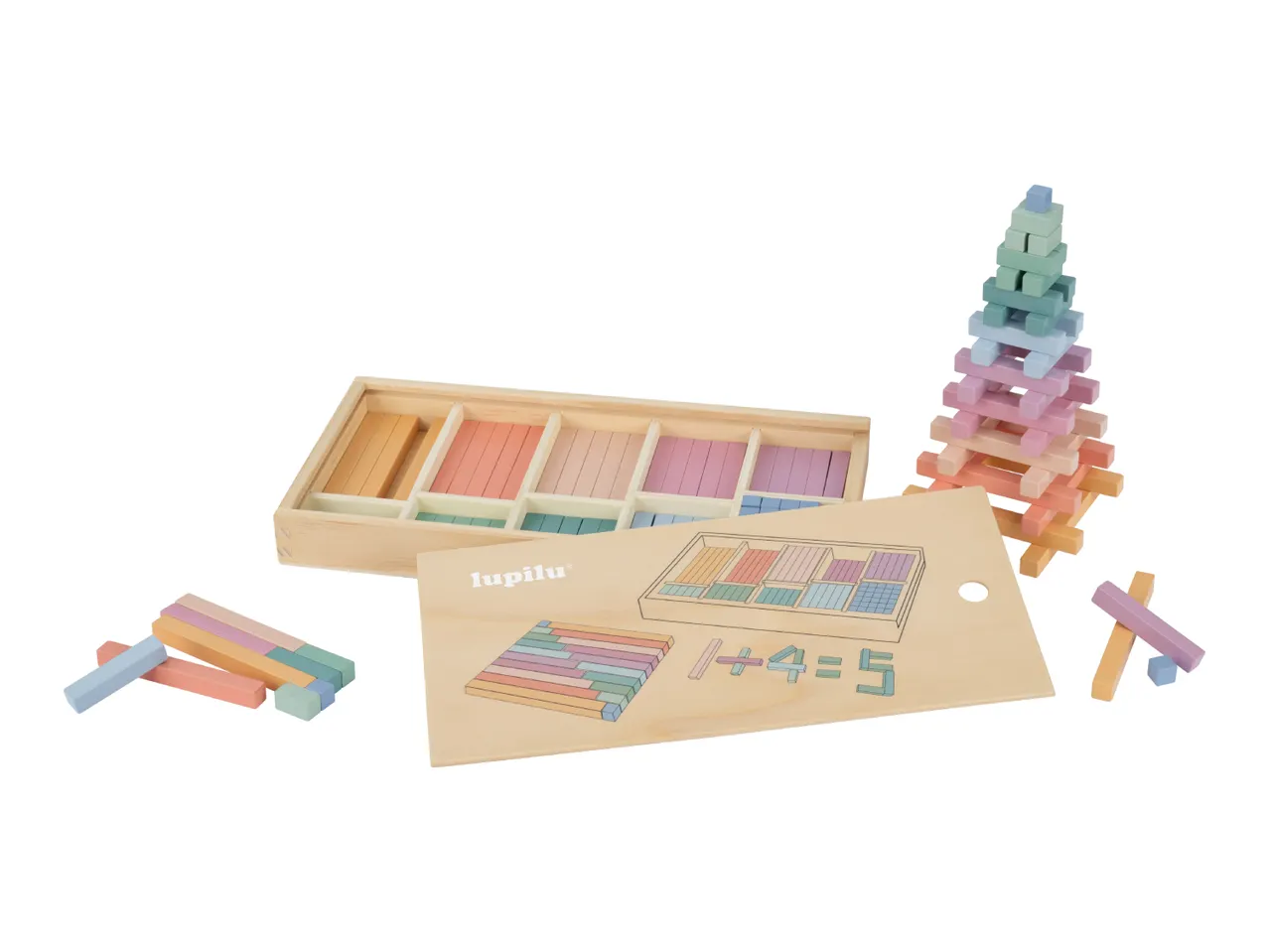 Wooden counting sticks in pastel colors, with a storage box and a board showing math examples.
