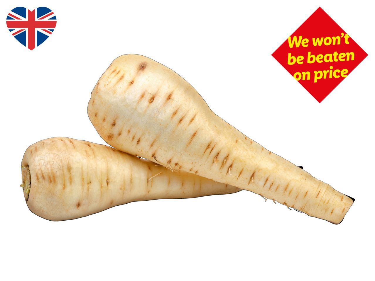 Two parsnips with a Union Jack heart and a red diamond with text: 'We won't be beaten on price'.