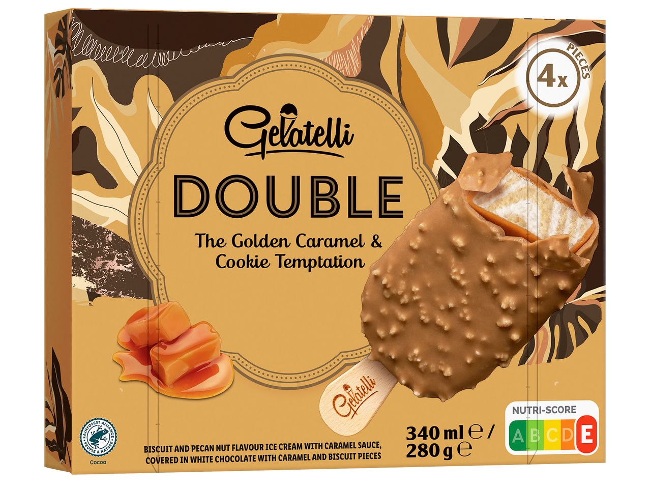 Опаковка от 4 сладоледа на клечка Gelatelli с карамел и бисквитки.