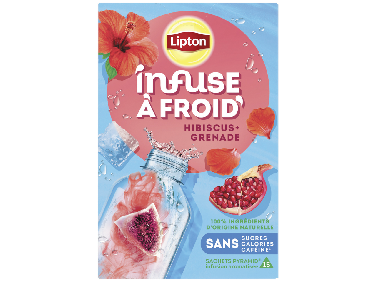 Infusion à froid hibiscus et grenade, sans sucres, calories ni caféine.