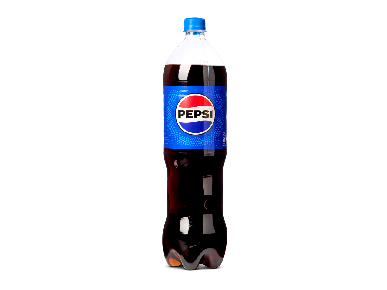 Pepsi Regular in een plastic fles met een blauwe dop en etiket.
