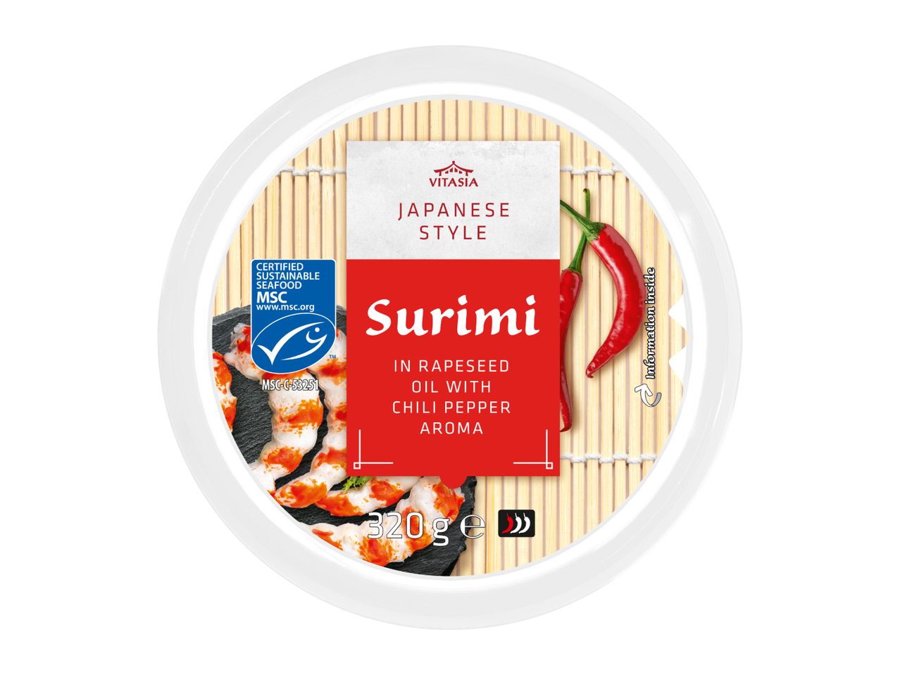 Japanese style surimi in rapeseed oil with chili pepper aroma, 320g, certified sustainable seafood.