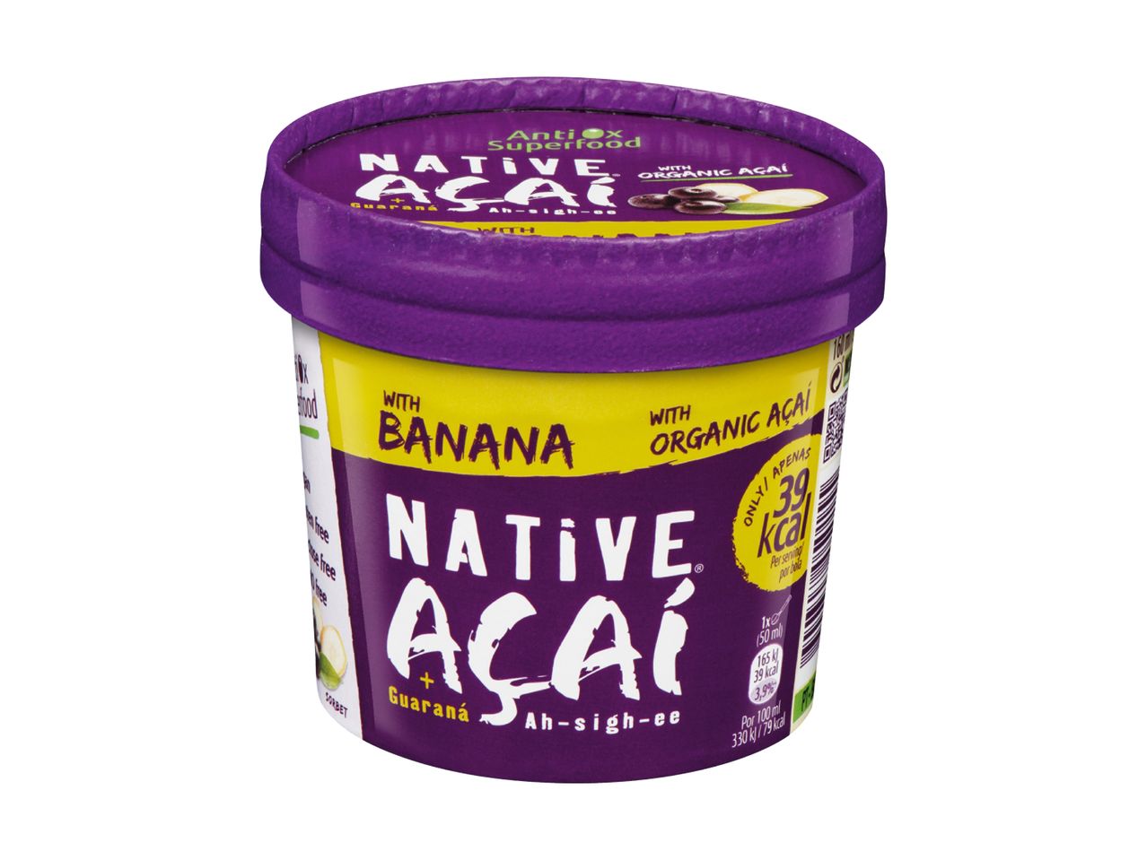 A small cup of Banana Native Açai puree.