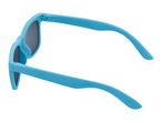 Blue sunglasses with dark lenses, viewed from an angle.