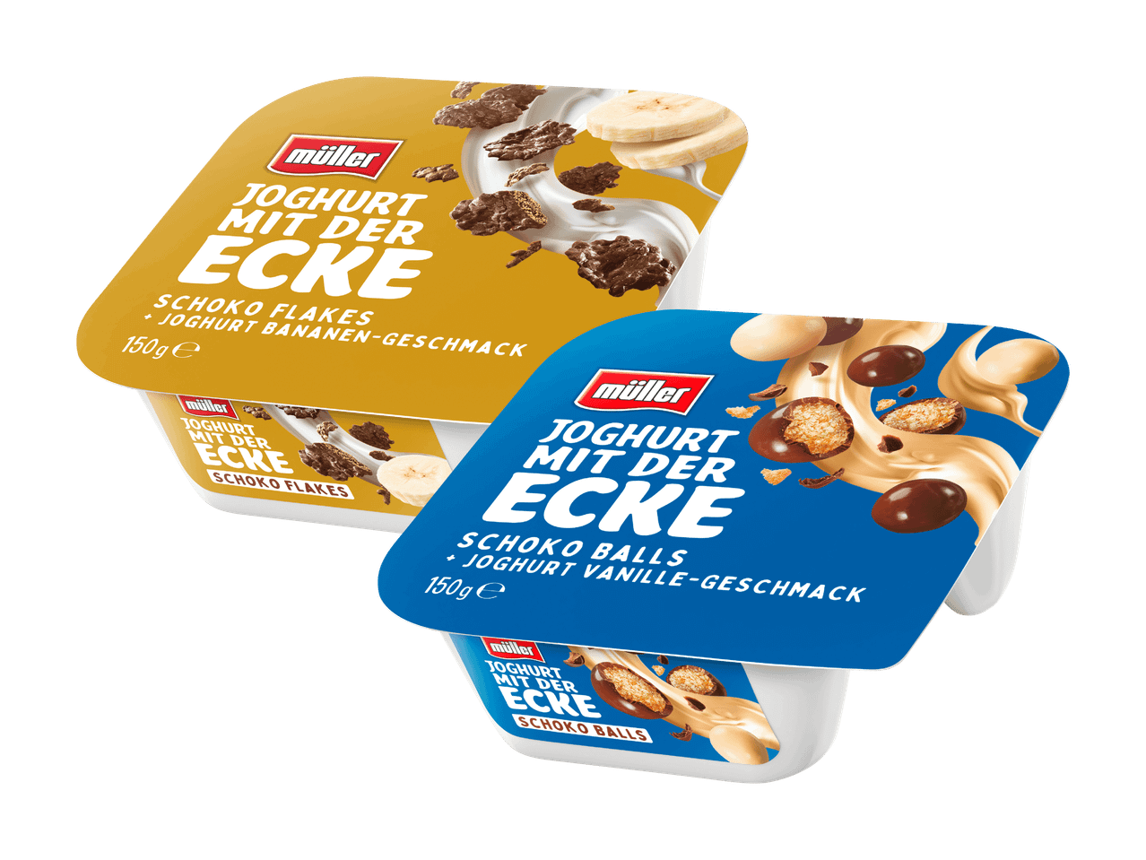 Müller Joghurt mit Schokoflocken und -kugeln.