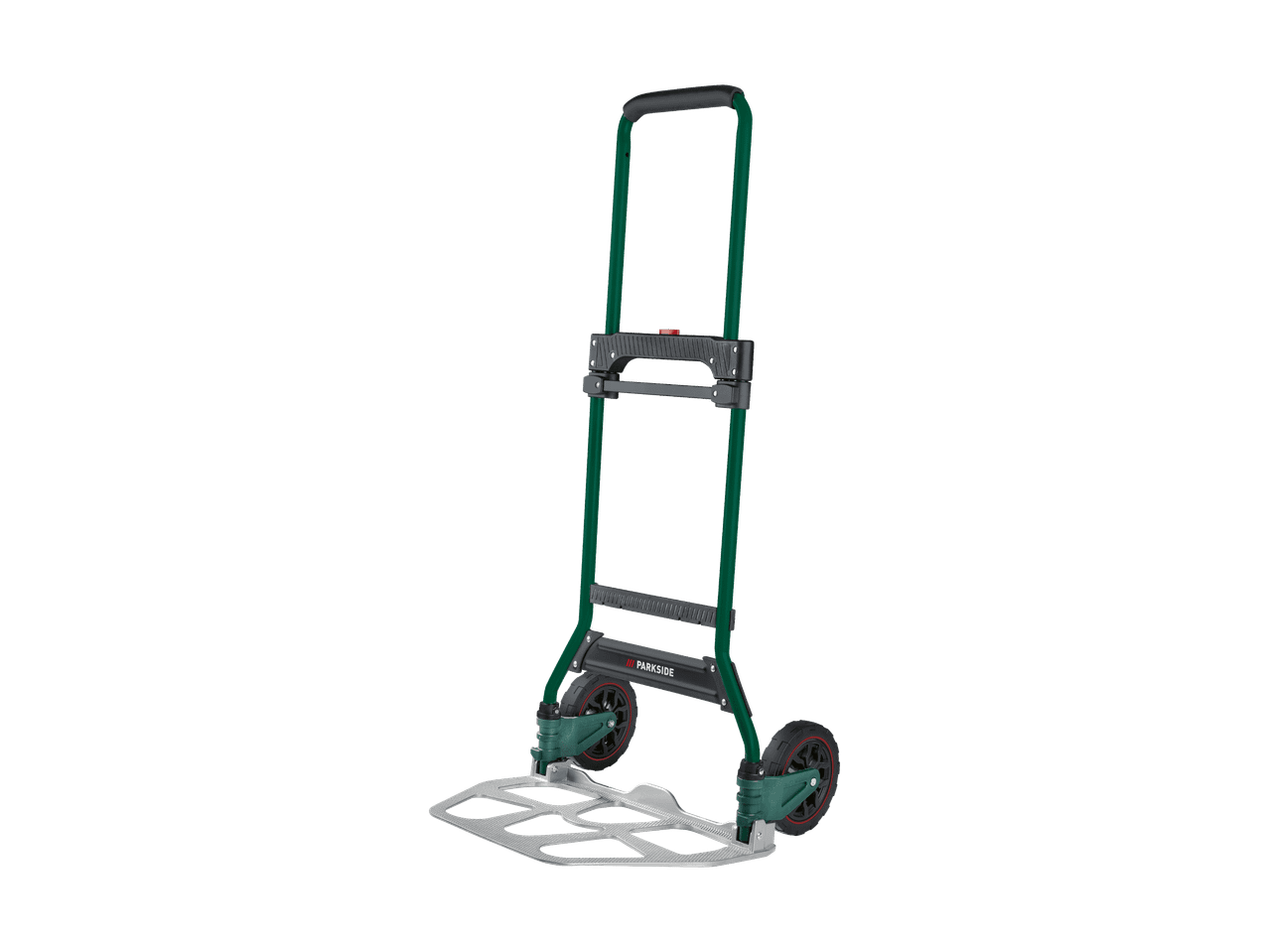 Diable pliable vert et gris avec roues noires et rouges