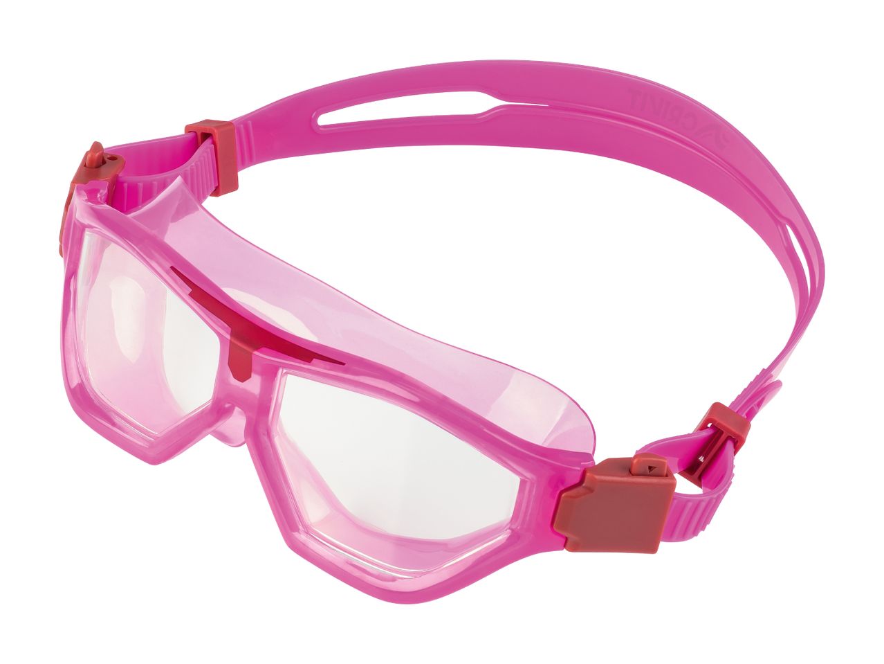 Pink swimming goggles with clear lenses and red adjustable straps