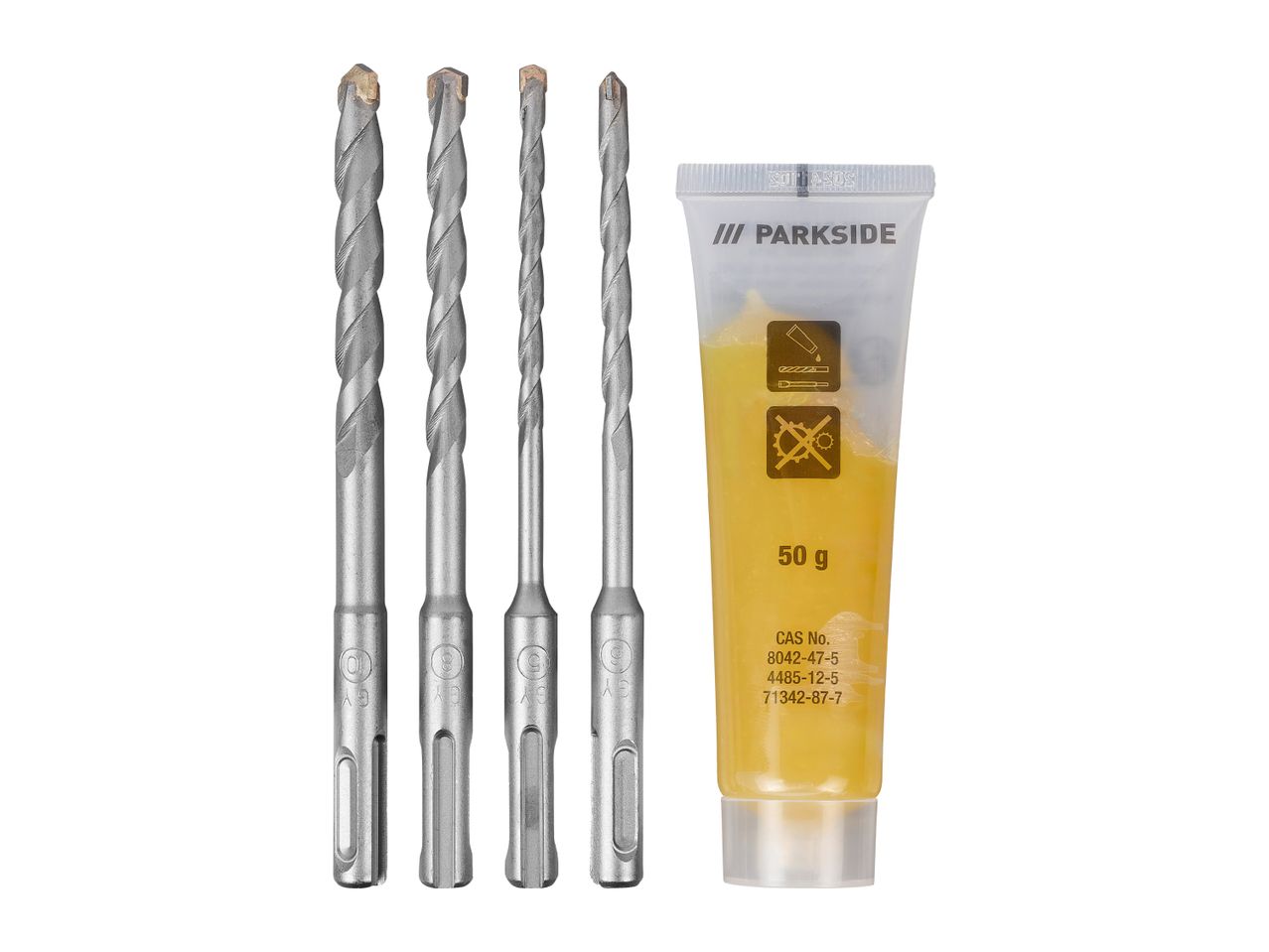 Four Parkside drill bits and a tube of lubricant.