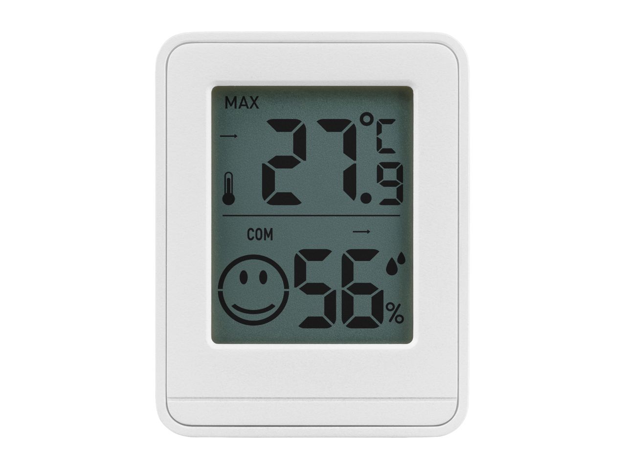 Digital thermometer and hygrometer displaying 27.9°C and 56% humidity with a smiley face.