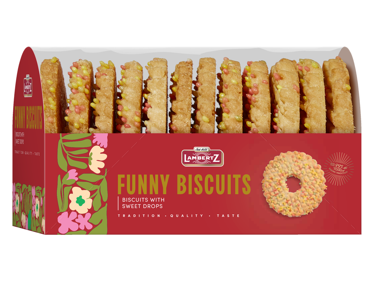 Lambertz Funny Biscuits, keksi sa šarenim dražejama u crvenom pakovanju.