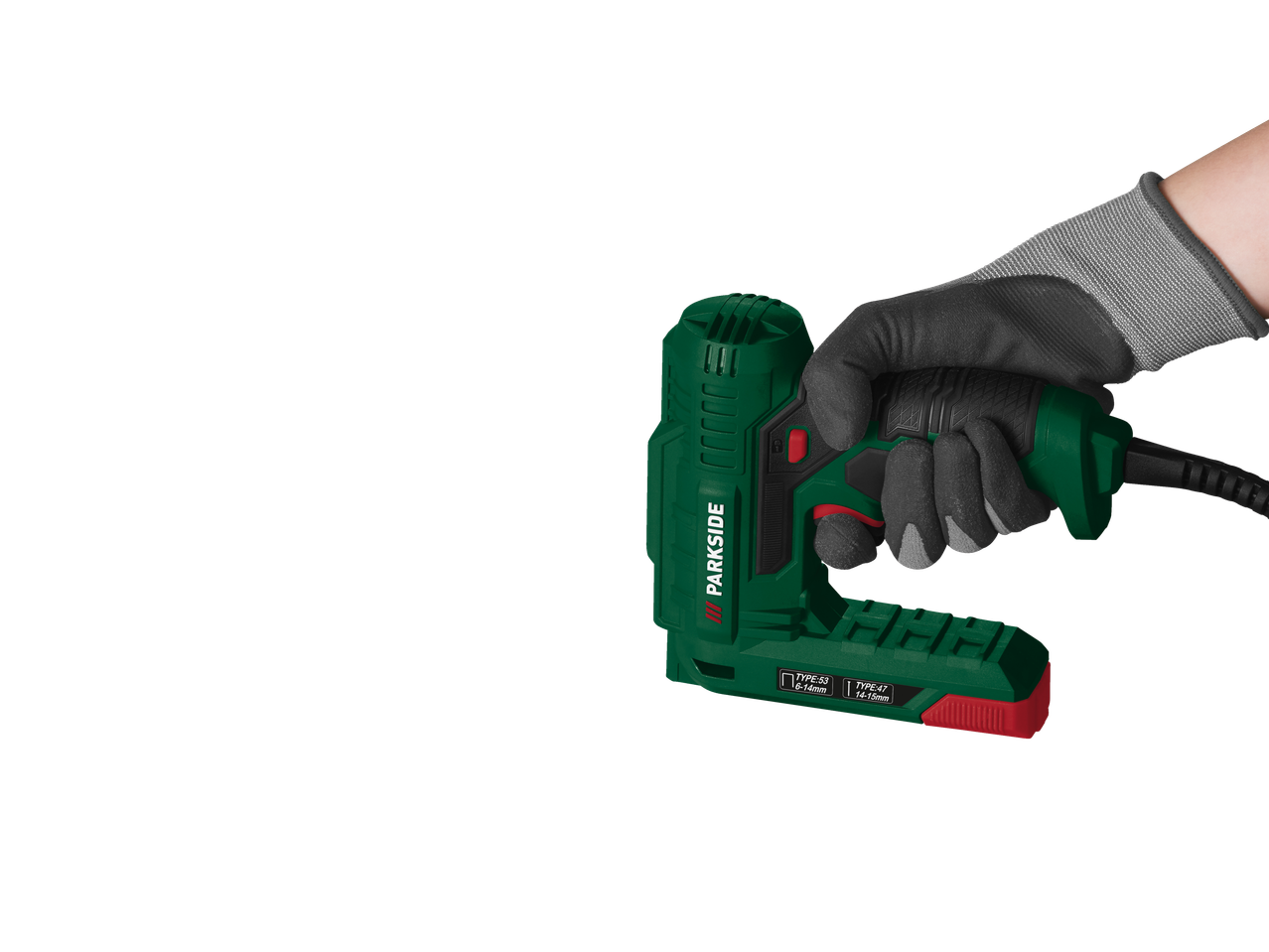 Capsator electric PARKSIDE ținut de o mână înmănușată.