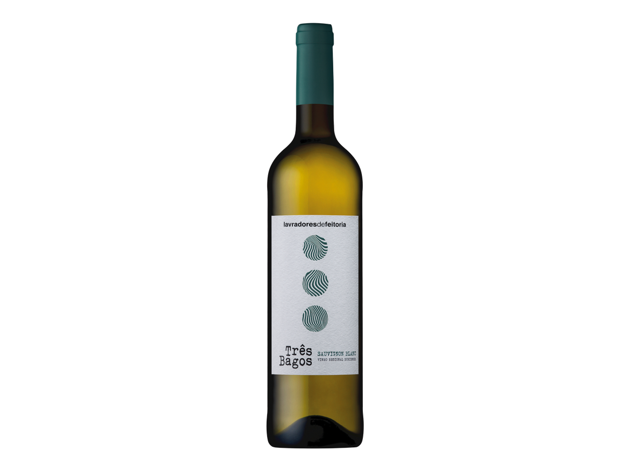 Garrafa de vinho branco com rótulo branco e três círculos verdes ondulados.