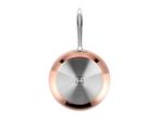 Underside of a copper-colored frying pan with a silver induction base and stainless steel handle