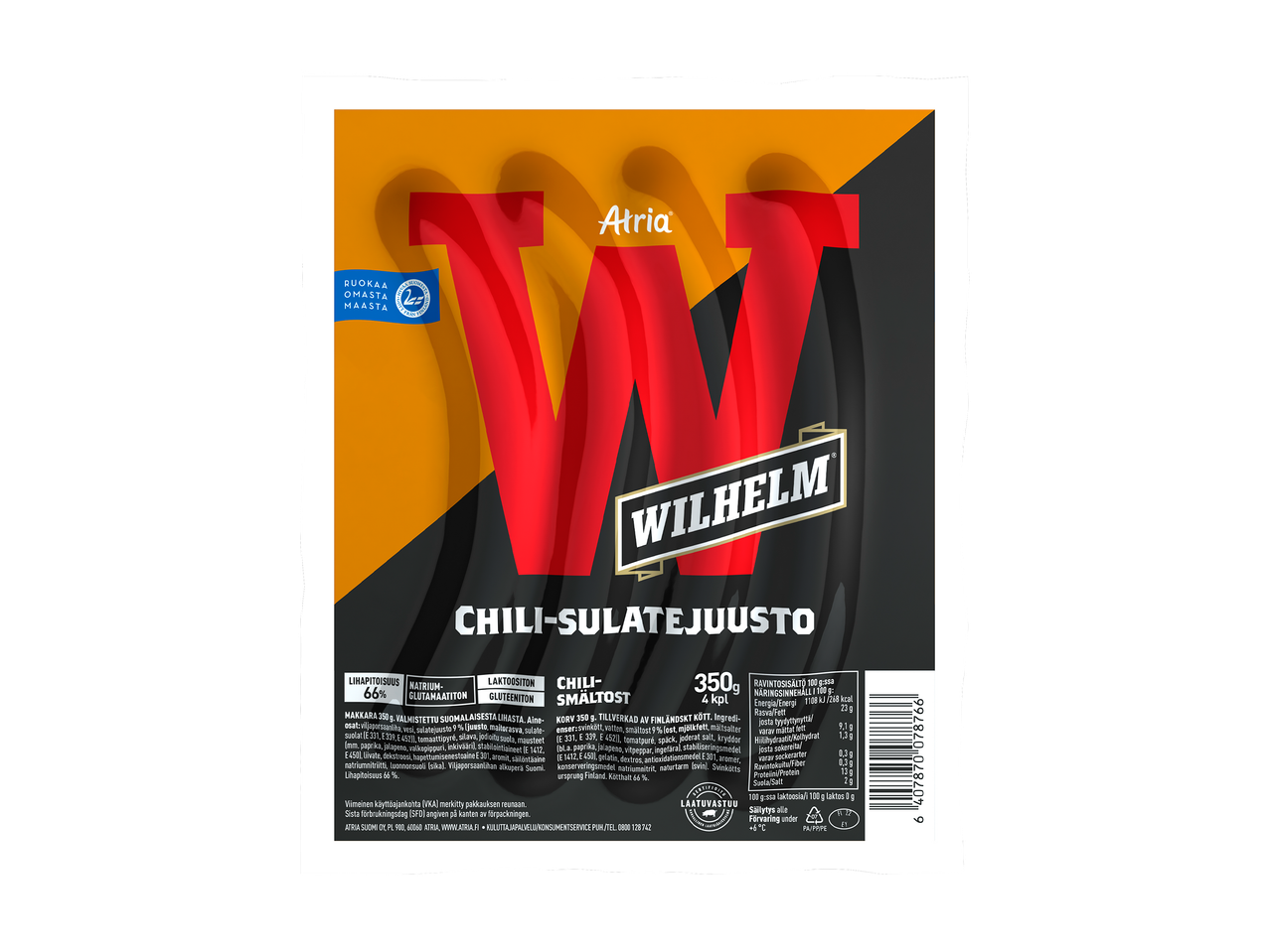 Chili-sulatejuustolla täytetty makkara, jossa on 66 % lihapitoisuus.