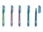 Five highlighters in green, orange, pink, and blue, with one blue highlighter uncapped.