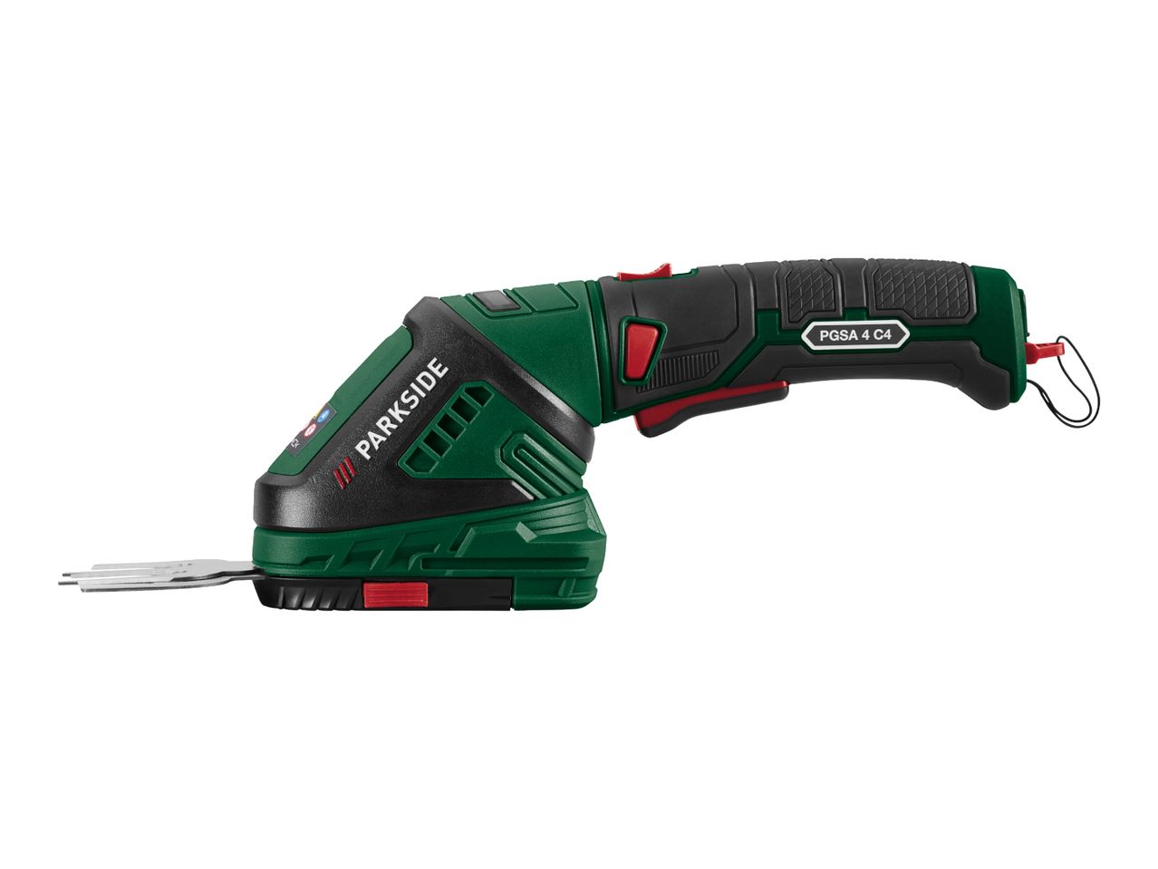 Cordless grass and shrub shears in green and black with red accents, model PGSA 4 C4