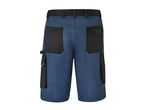 Back view of blue work shorts with black reinforced pockets.