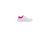 Tênis branco com detalhes rosa.