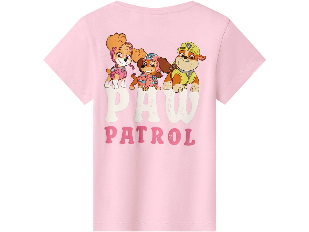 Roze majica sa likovima Paw Patrol i natpisom „PAW PATROL“.