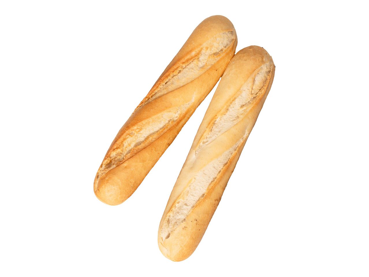 Két hosszú, aranybarna bagett fehér háttéren.