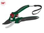 Green and black garden pruning shears with a red safety lock and a black wrist strap, marked 18+.