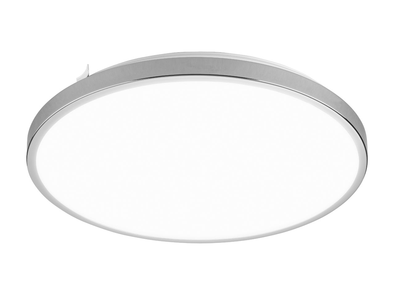 En rund loftslampe med en sølvfarvet kant.