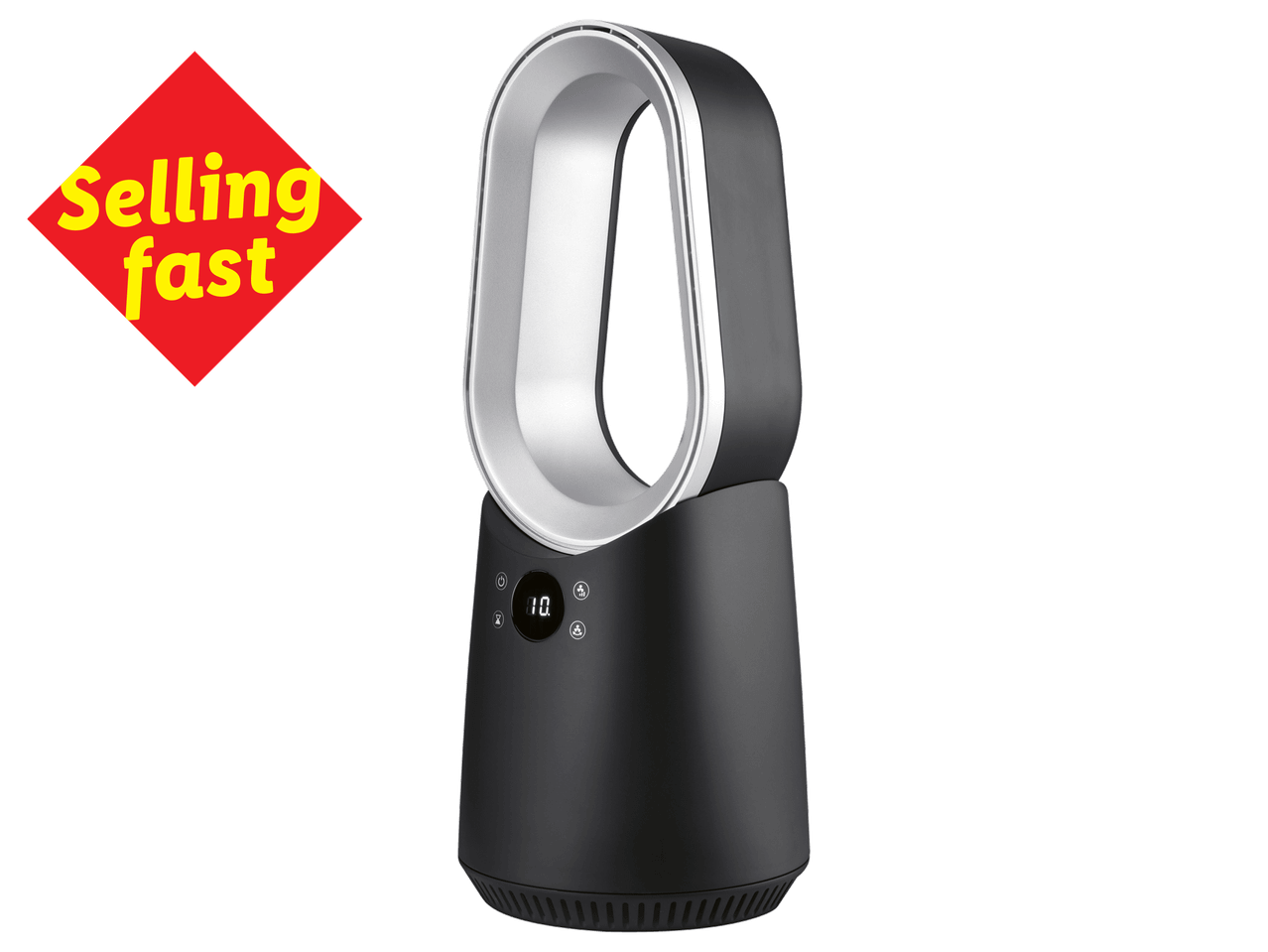 Black bladeless fan with a digital display, marked as 'Selling fast'.