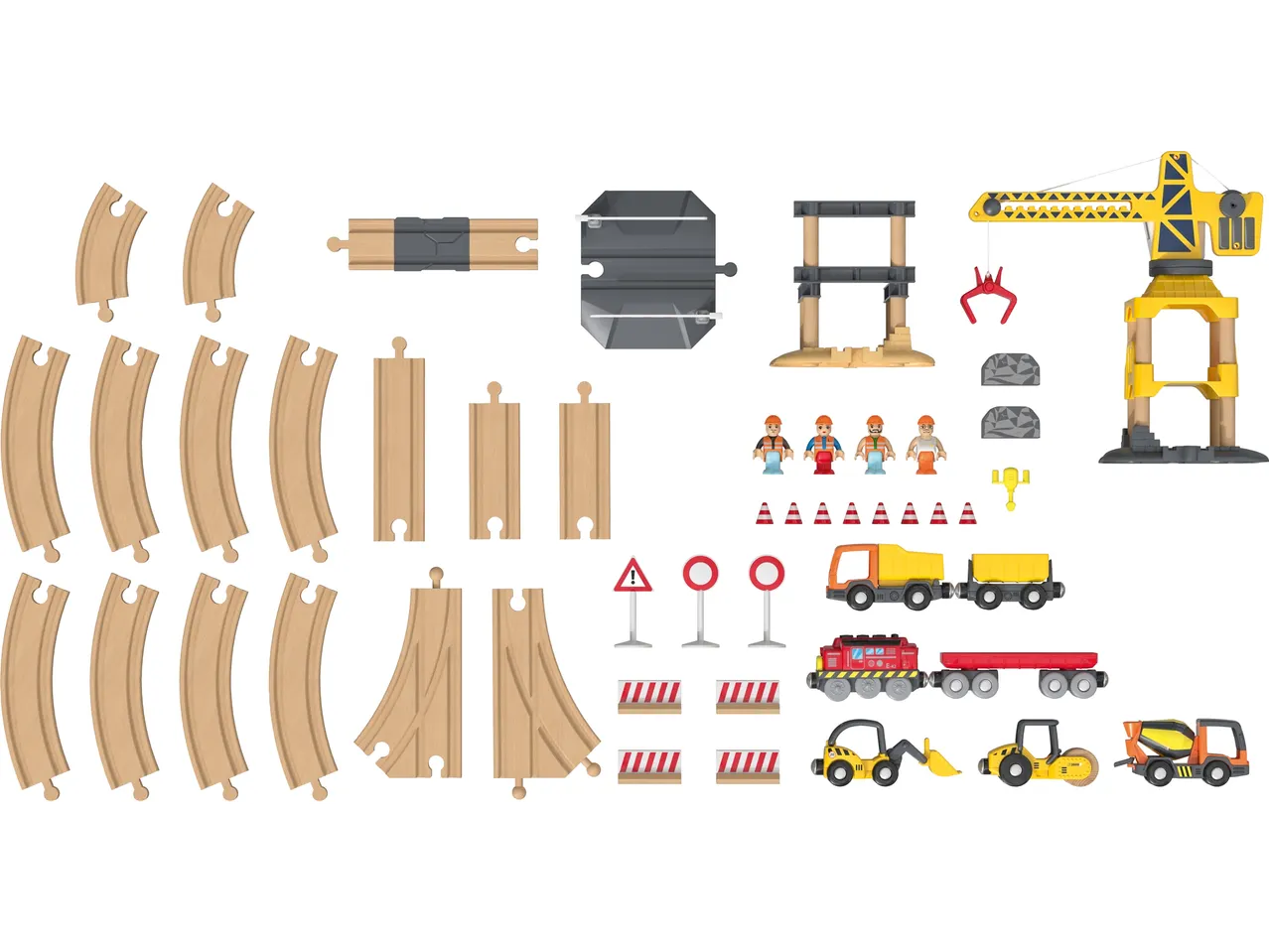 Lupilu® set voza sa drvenim šinama, kranom, vozilima i figurama.