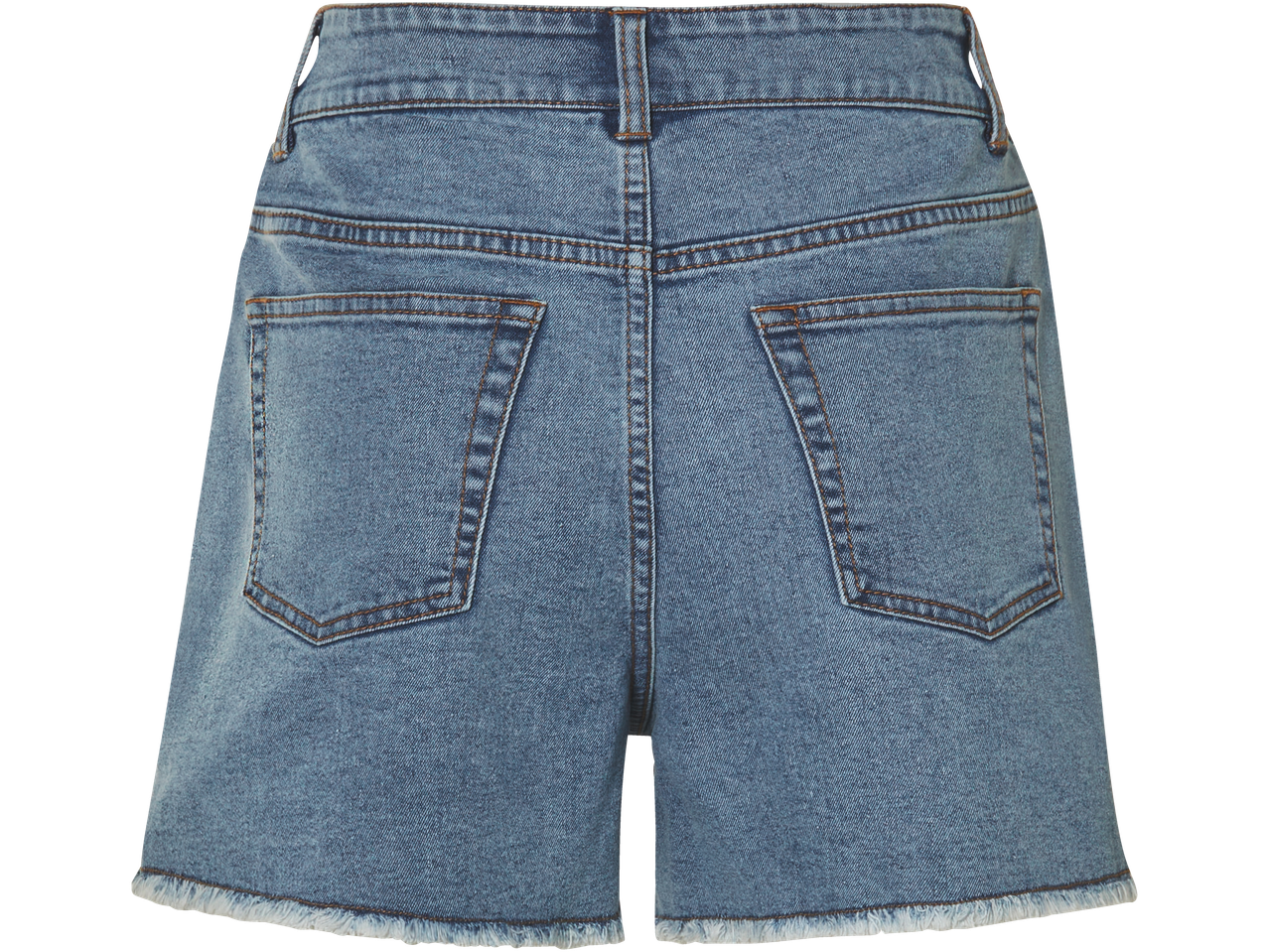 Vista traseira de shorts jeans azul claro com bainha desfiada.
