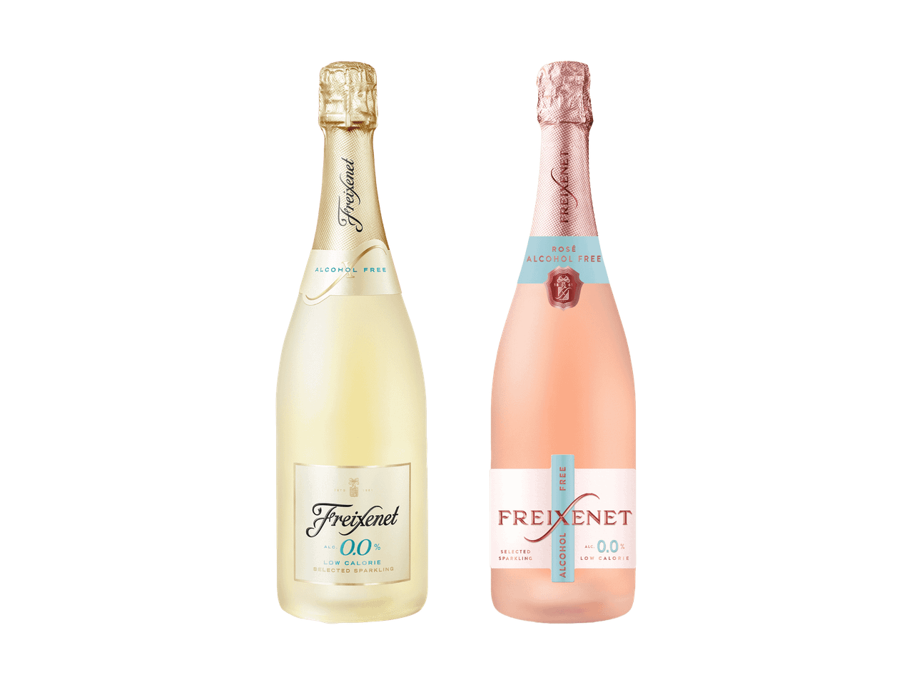 Zwei Flaschen alkoholfreier Sekt, eine weiße und eine rosé, mit Etiketten, die 0,0% Alkohol und kalorienarm angeben.