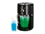 A black Hamilton Beach slushy maker with a green slushy inside and a blue slushy in a glass beside it.
