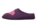 A purple slipper with a pink heart design on the toe.