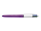 A purple BIC 4-color pen with a white barrel.