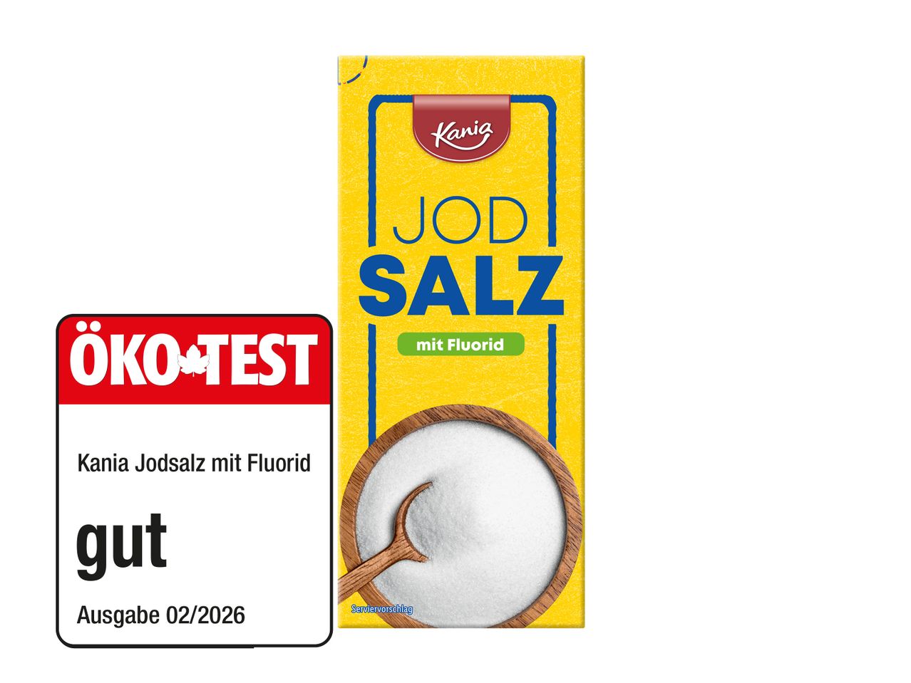 Jodsalz mit Fluorid in gelber Verpackung, bewertet mit 'gut' von ÖKO-TEST.