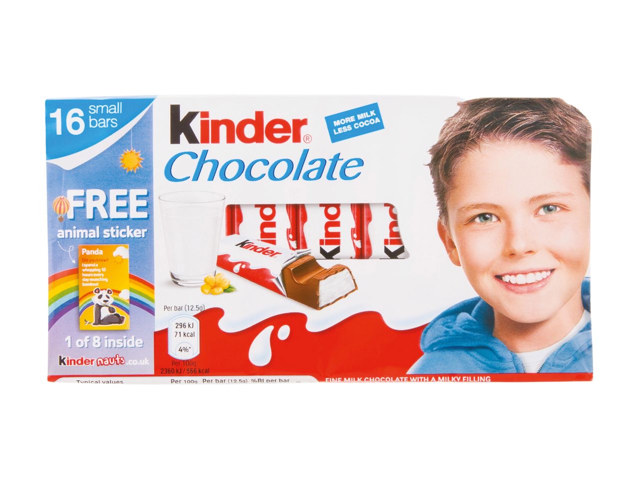 Chocolate bars with a milky filling, featuring a boy and a free animal sticker offer.