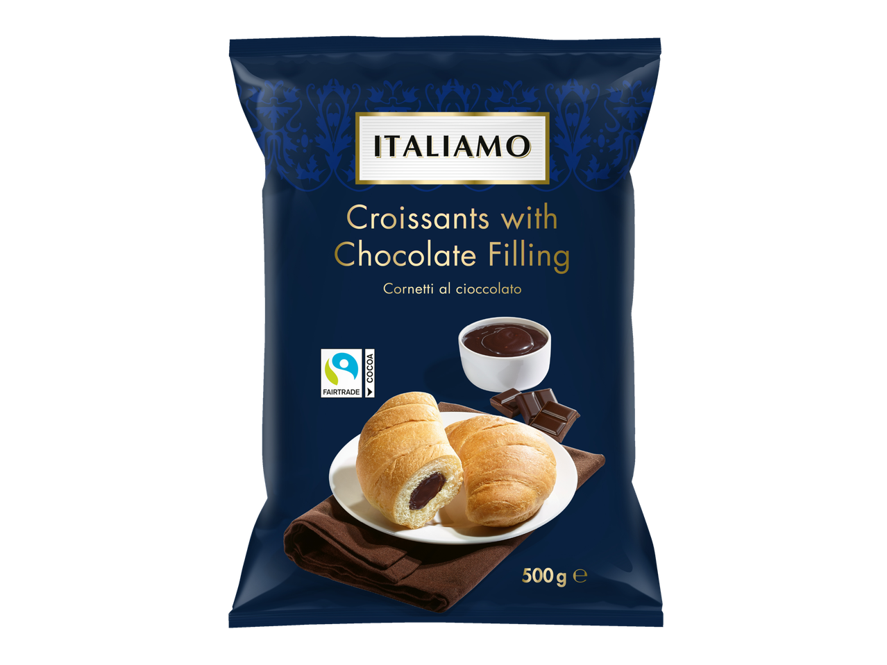 Italiamo Croissants with Chocolate Filling, 500g, with Fairtrade cocoa, on a dark blue package.
