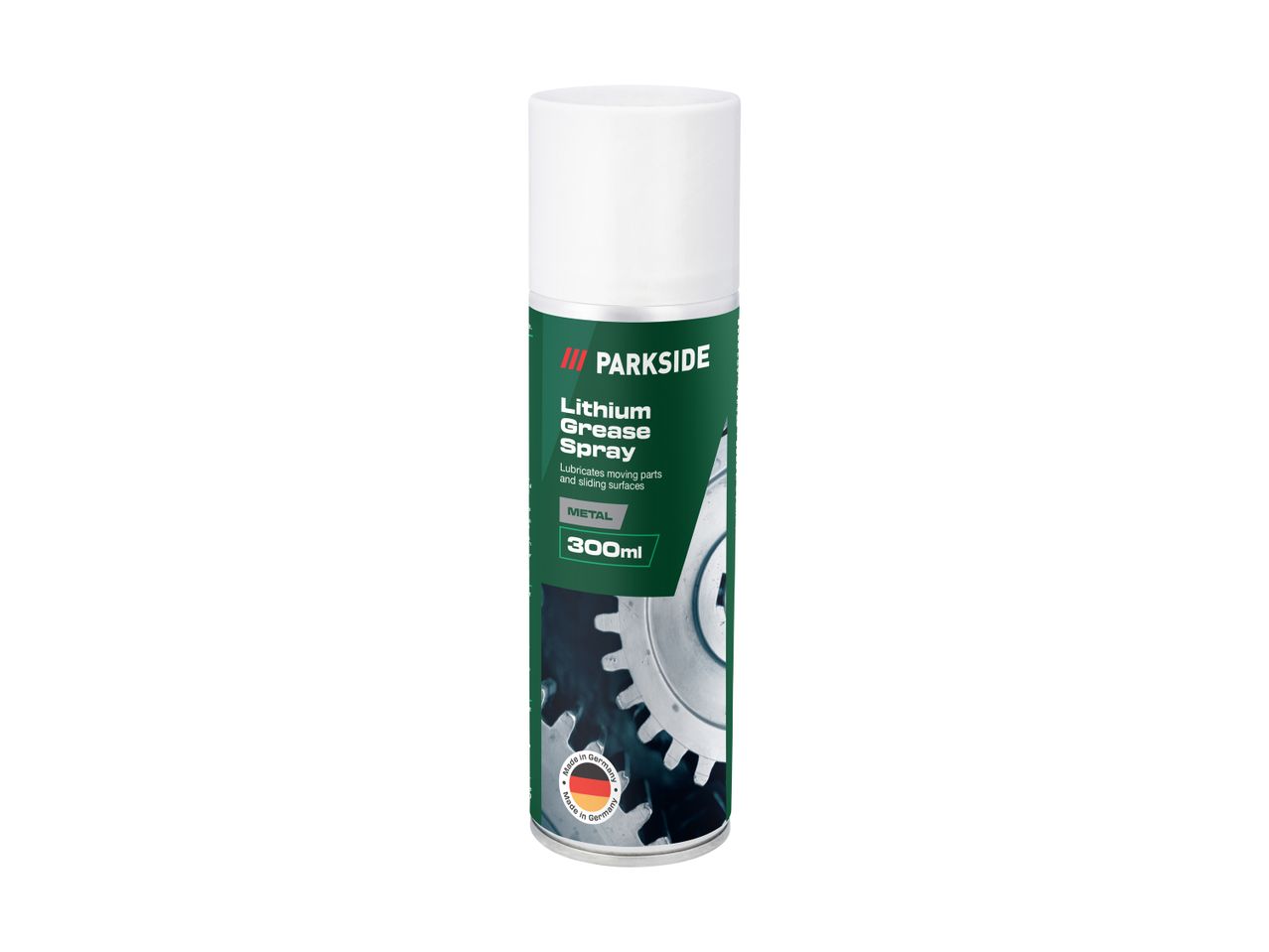 A can of lithium grease spray for lubricating moving parts and sliding surfaces, 300ml.