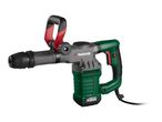 Green and grey hammer drill with a red auxiliary handle and black power cord.
