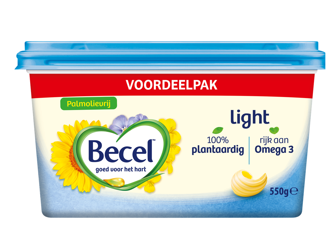 Kuipje margarine met de tekst 'voordeelpakket', 'palmolievrij', 'light', '100% plantaardig', 'rijk aan Omega 3' en '550g'.