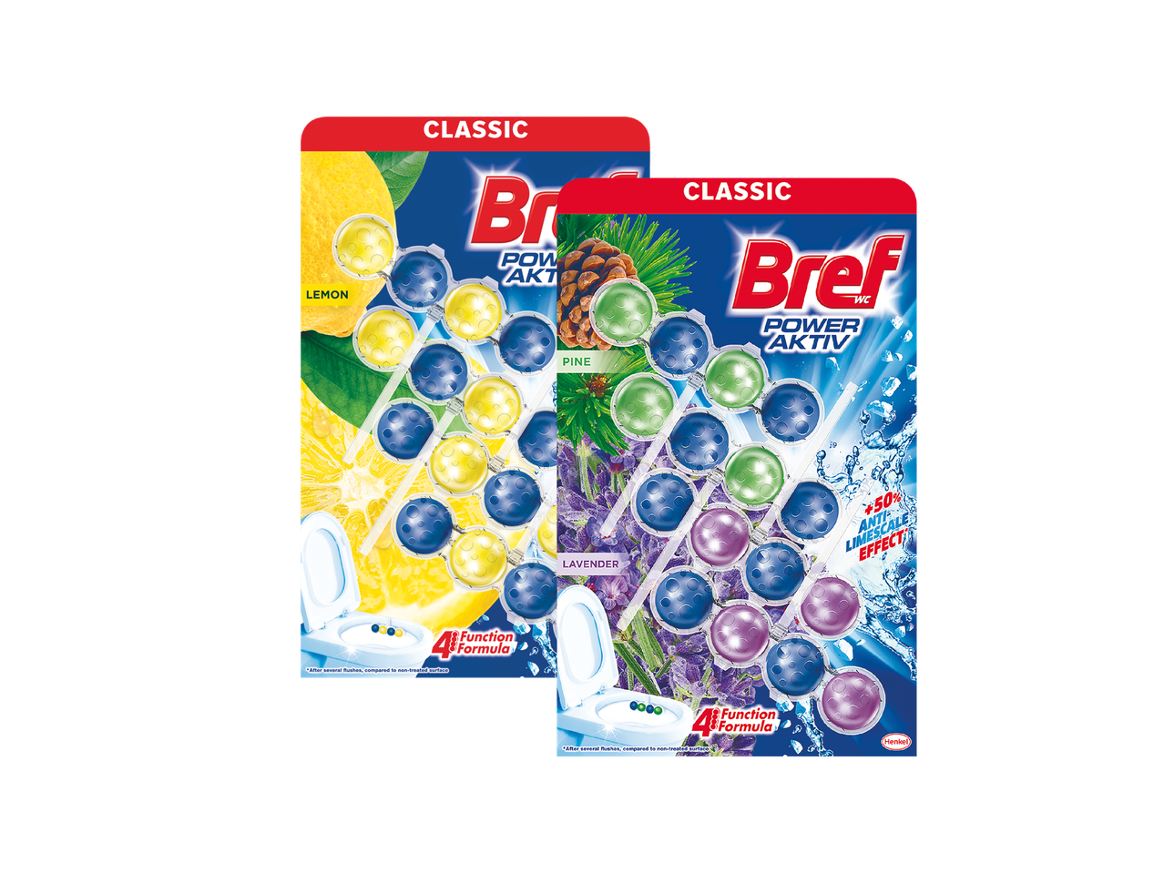 Dva pakiranja Bref WC Power Aktiv osvježivača za WC školjku, s mirisom limuna i bora/lavande.