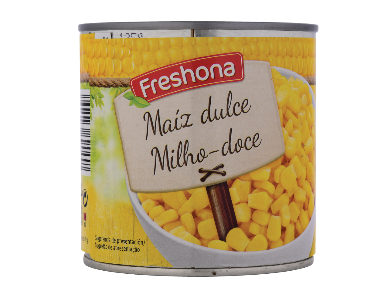 Uma lata de milho doce Freshona com um rótulo em espanhol e português.