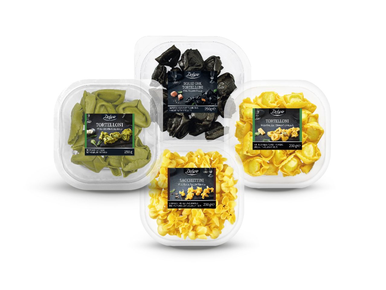 Četiri pakiranja Deluxe tjestenine: torteloni sa špinatom, torteloni s tintom sipe, torteloni sa sirom i sacchettini s tartufima.