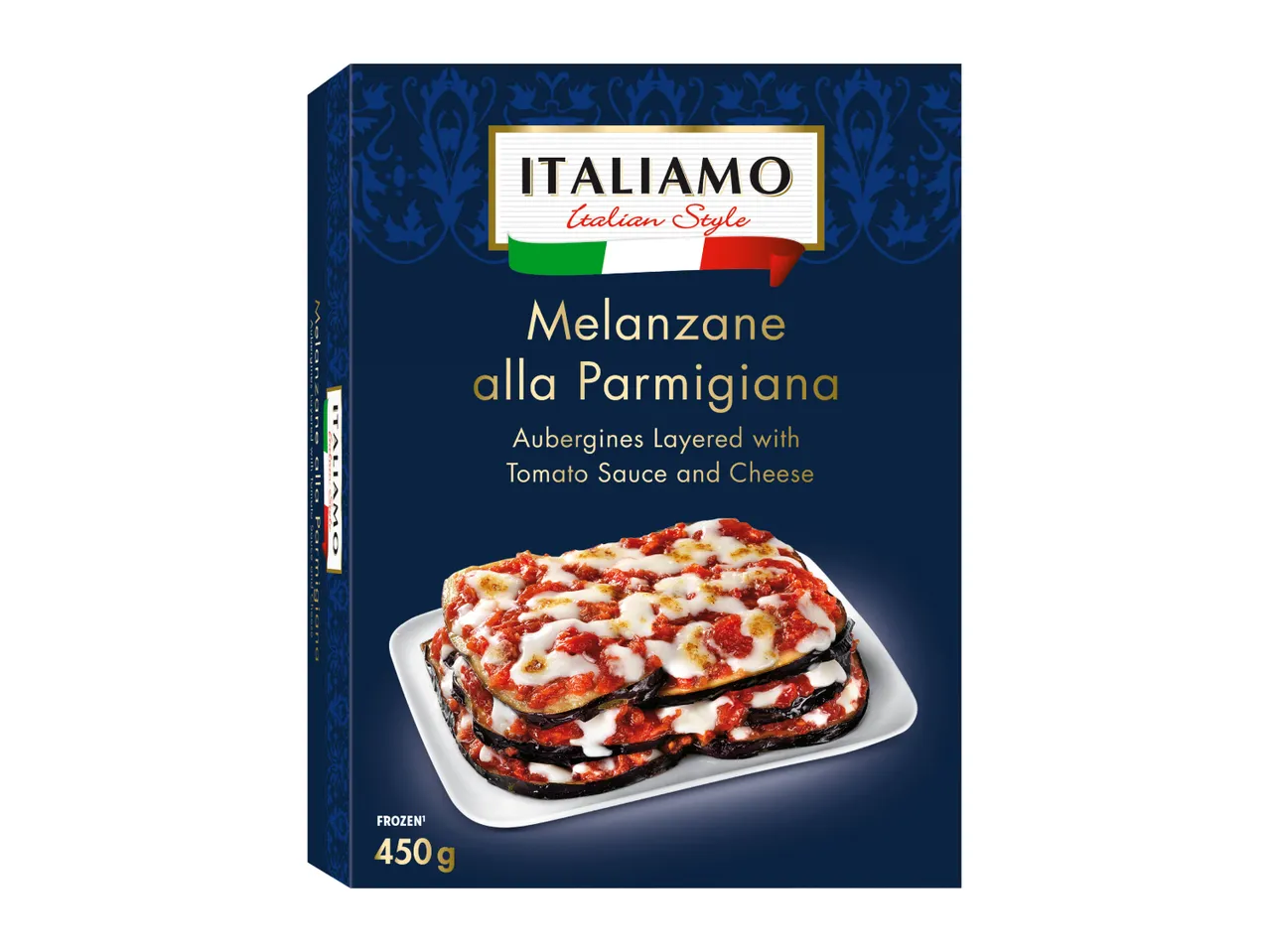Frozen Melanzane alla Parmigiana with aubergines, tomato sauce, and cheese.