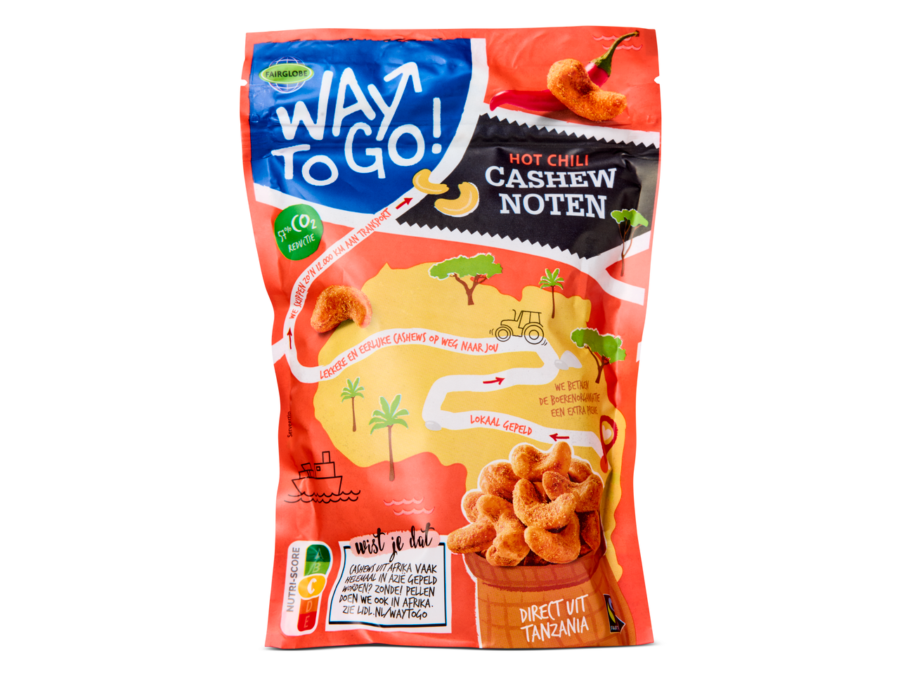 Zak Way to Go! Hot Chili Cashew Noten met een kaart van Afrika en informatie over de herkomst.