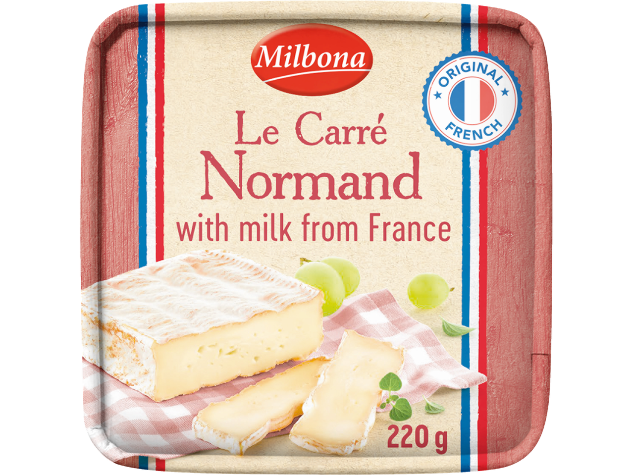 Milbona Le Carré Normand kaas, met melk uit Frankrijk.