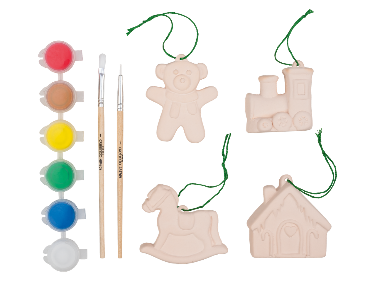 crelando® Krāsojiet savus rotājumus: krāsas, otas un 4 keramikas piekariņi.