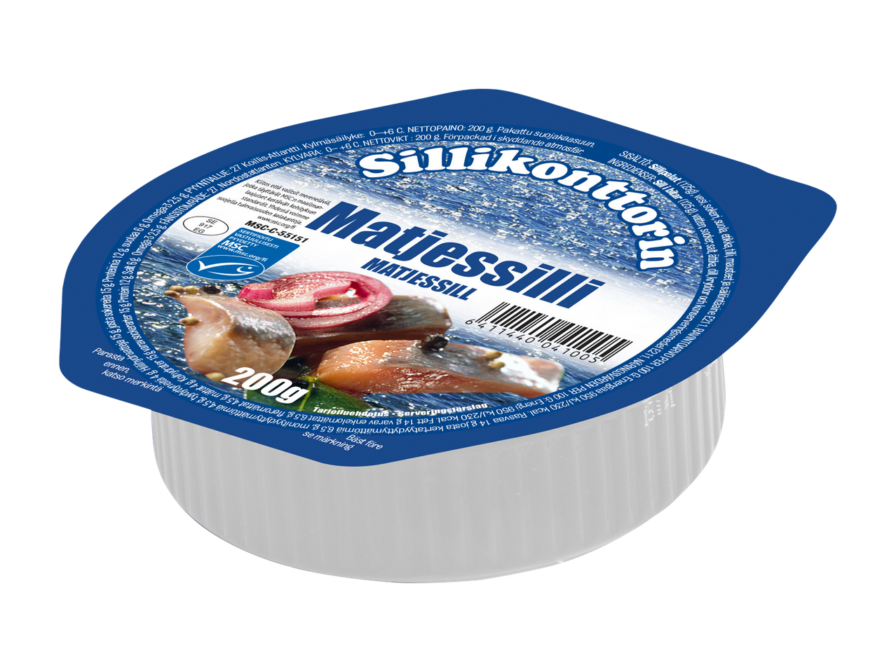 Säilyke, jossa on silliä, sipulia ja mausteita, sinisessä pakkauksessa.
