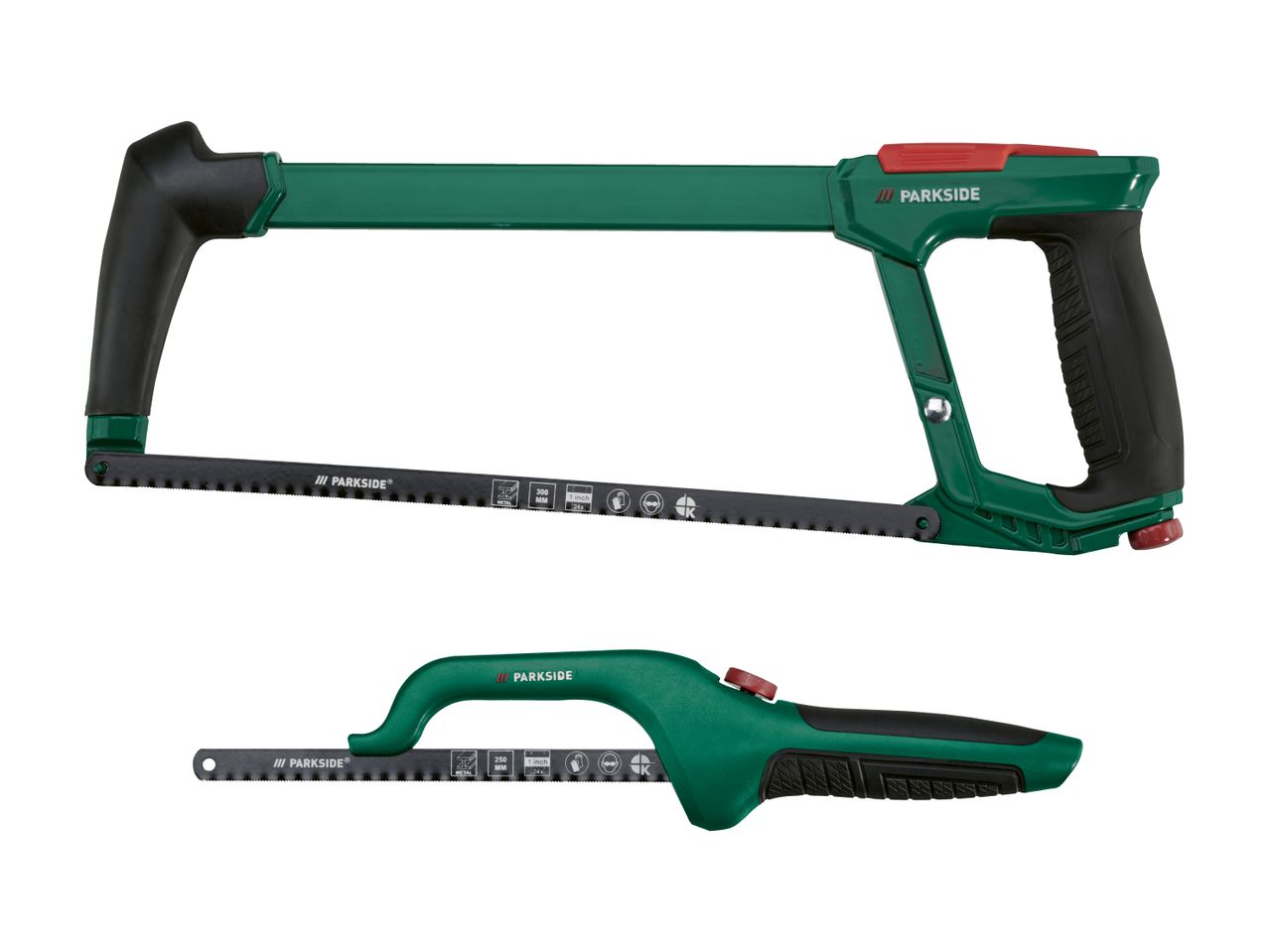 Two green and black hand saws, one larger and one smaller, with metal cutting blades.